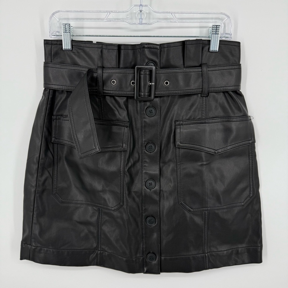 Banana Republic Vegan Leather Black  Button-Up Mini Skirt Paperbag Waist Size 10